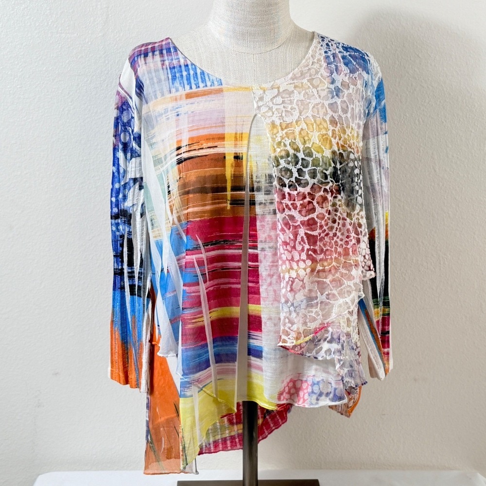 Impulse California Top‎ Sz XL Abstract Print Lace Asymmetrical Artsy Dopamine